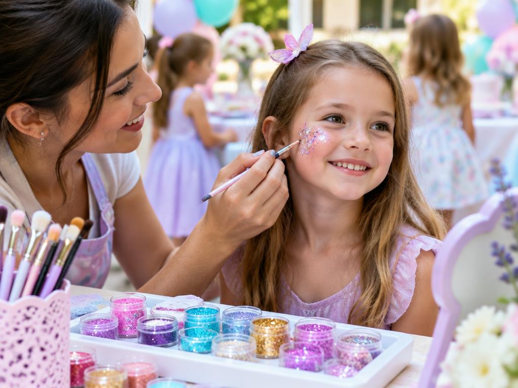 Child receiving a sparkling cheek design at a colorful glitter bar