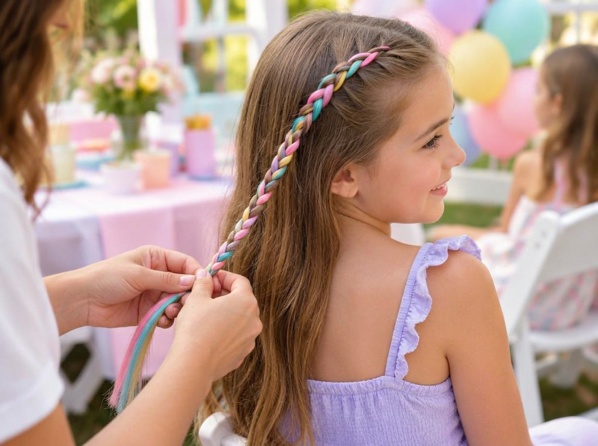 Child with loose hair having one colorful accent braid added at a birthday party