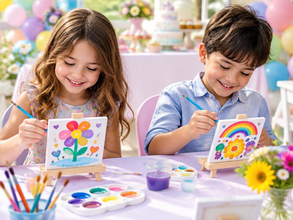 Children painting colorful pictures on individual mini canvases