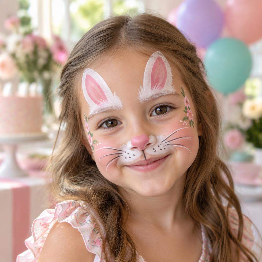 Child wearing an original professional bunny face painting design