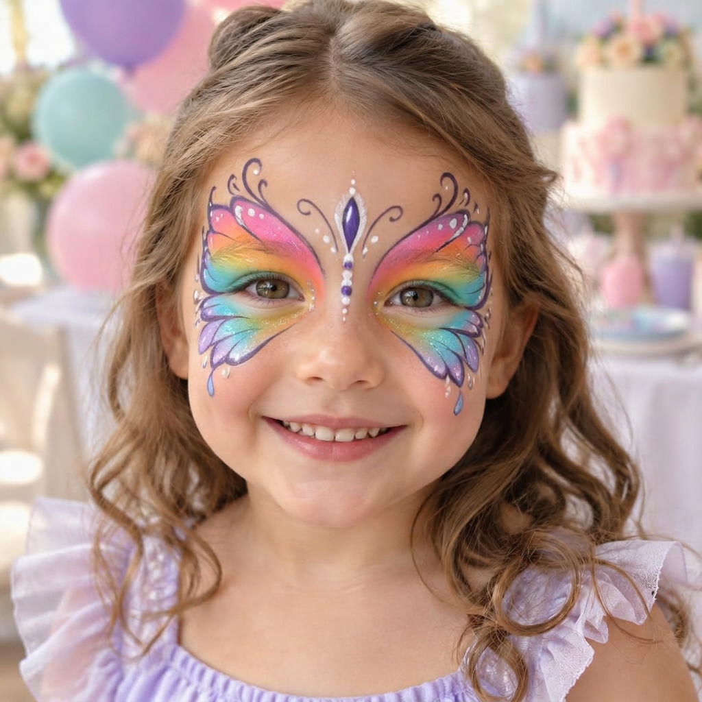 Child wearing an original professional rainbow butterfly face painting design
