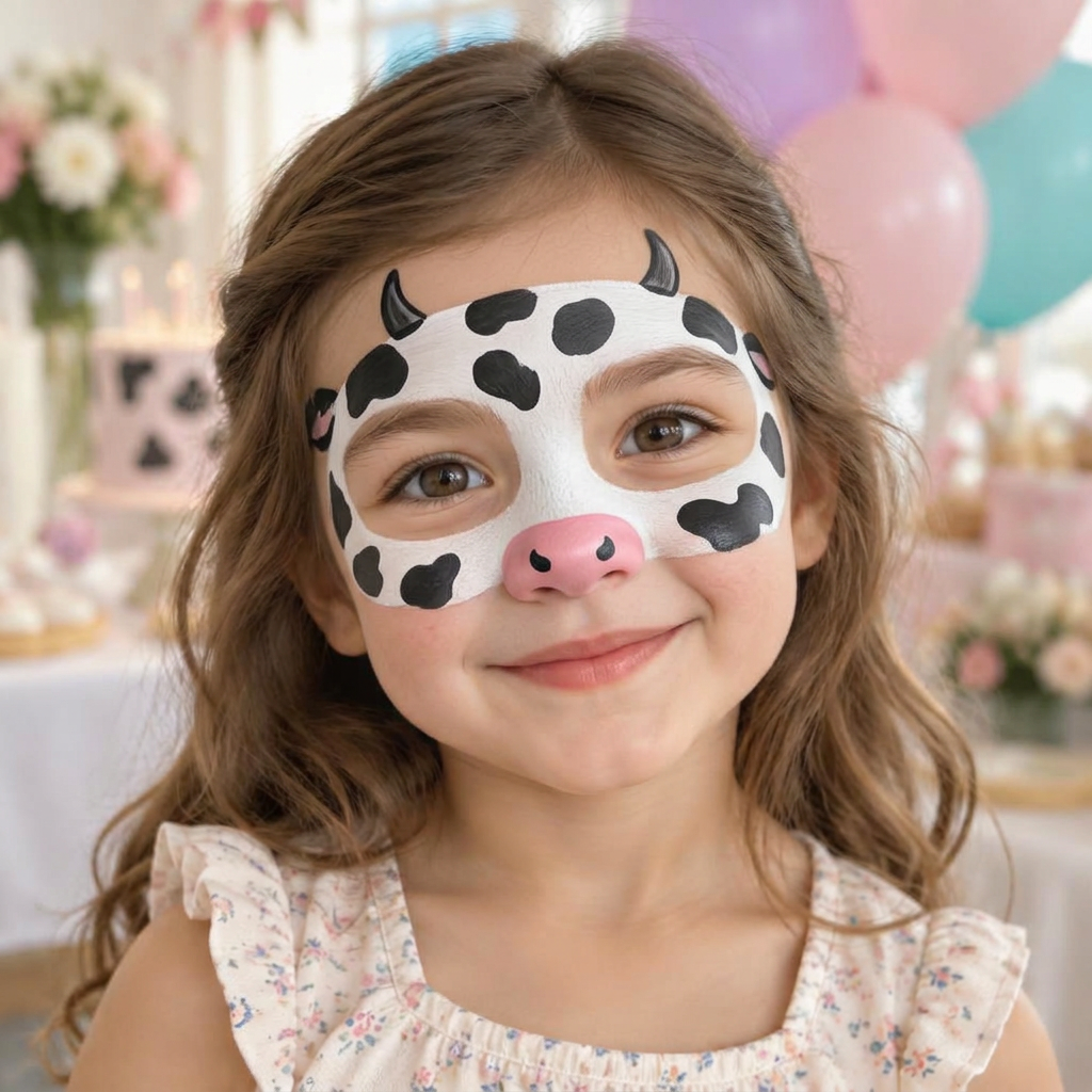 Child wearing an original professional cow face painting design