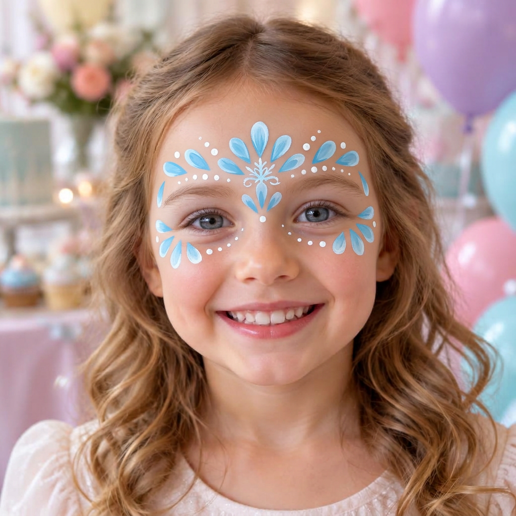 Child wearing an original icy blue snowflake princess face painting design