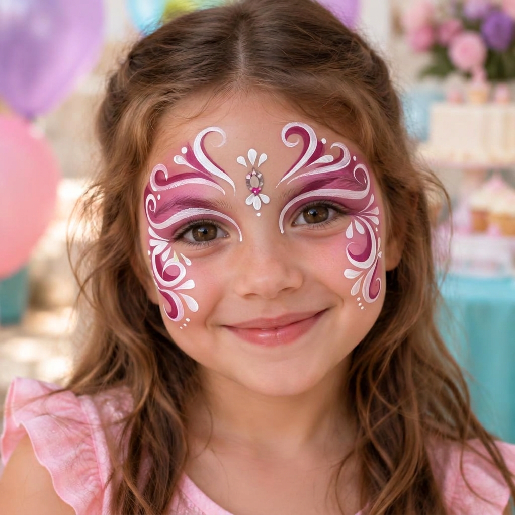 Child wearing an original pink and white swirl princess face painting design