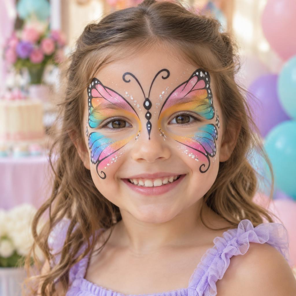 Child wearing an original professional rainbow butterfly face painting design