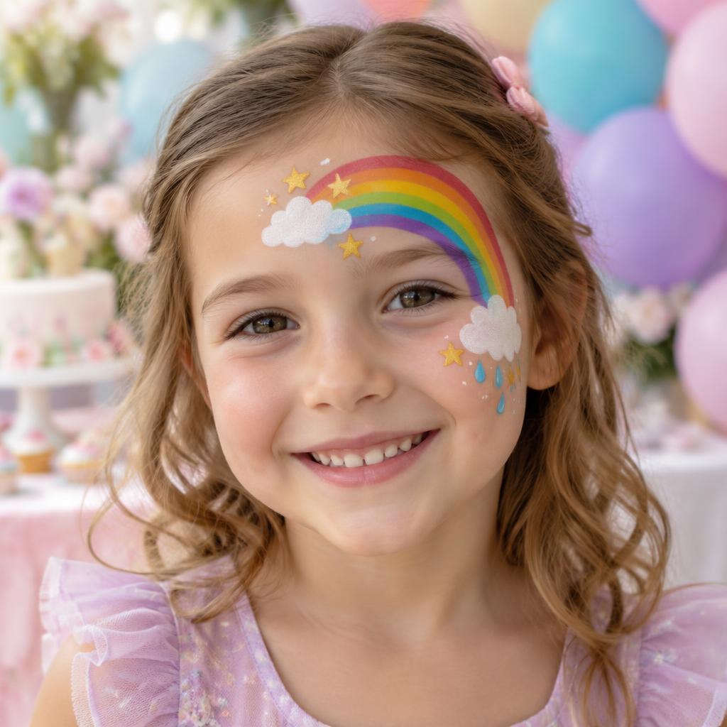 Child wearing an original rainbow and clouds face painting design