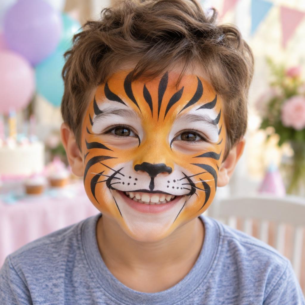 Child wearing an original professional tiger face painting design
